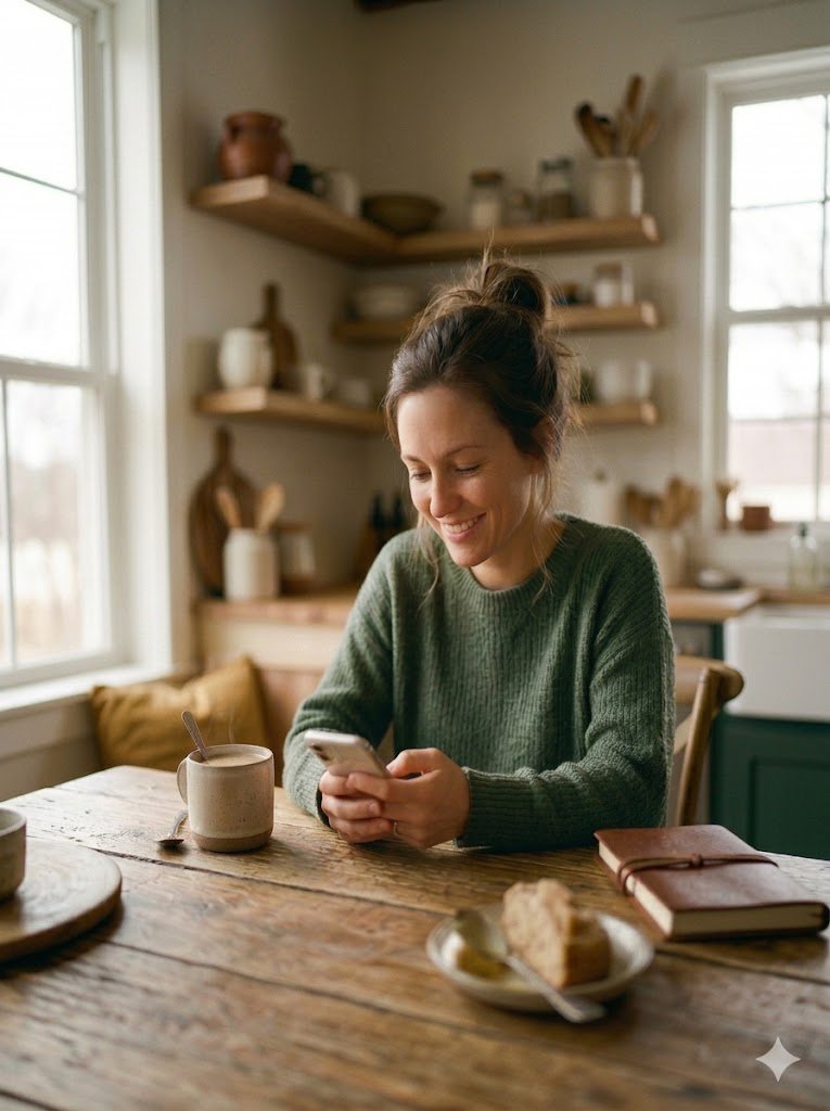 Woman smiling at her phone over morning coffee